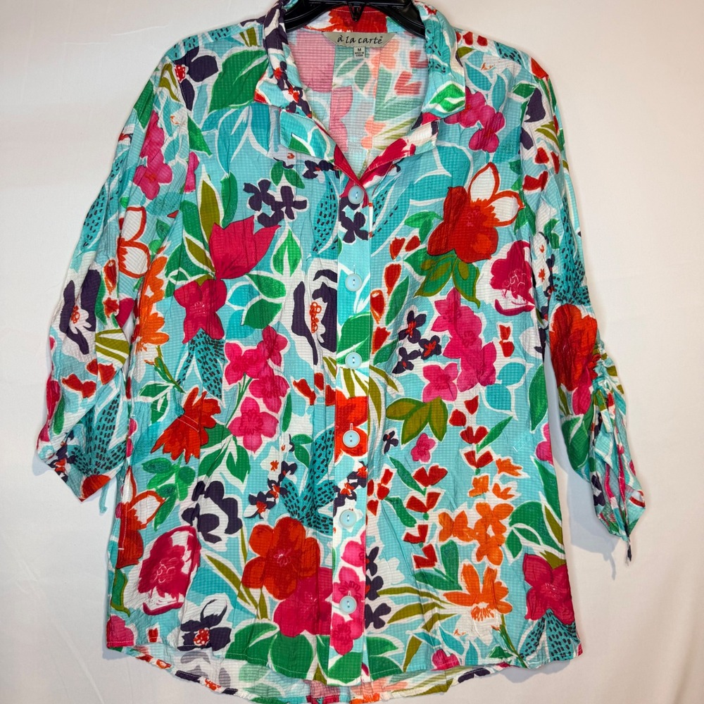 A la Carte Floral Button Down Shirt Womens Medium Multicolor 3/4 Sleeve Top